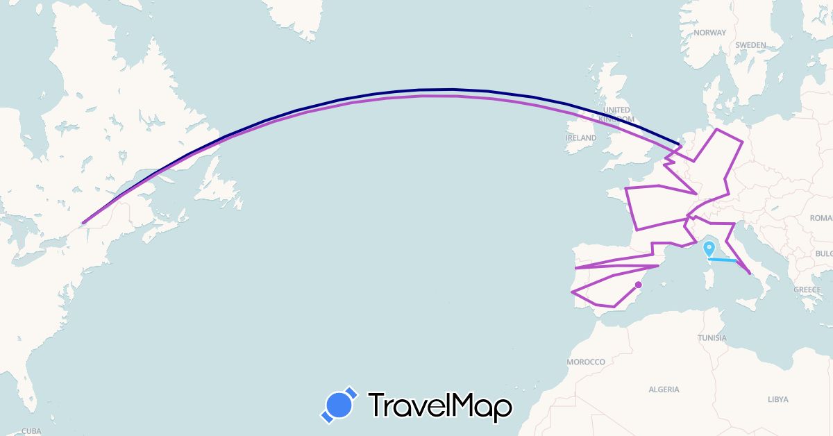 TravelMap itinerary: driving, plane, train, boat in Andorra, Belgium, Canada, Germany, Spain, France, Netherlands, Portugal (Europe, North America)