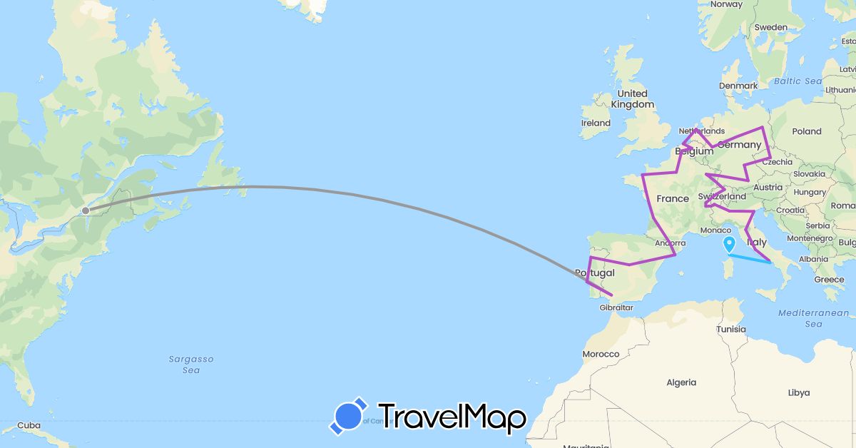 TravelMap itinerary: driving, plane, train, boat in Andorra, Belgium, Canada, Switzerland, Czech Republic, Germany, Spain, France, Italy, Netherlands, Portugal (Europe, North America)